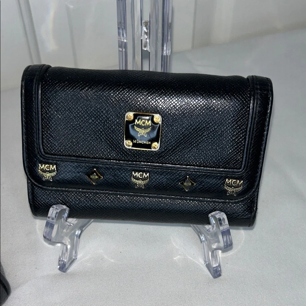 MCM Boston Mini Black Pebble Leather Bag, Matching Wallet Gold Hardware Vintage